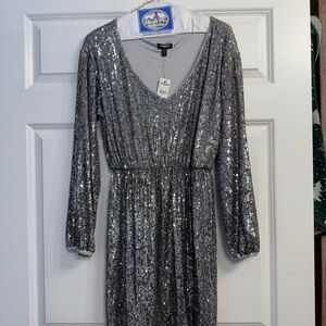 Express Silver Long Sleeve Sequin Dress